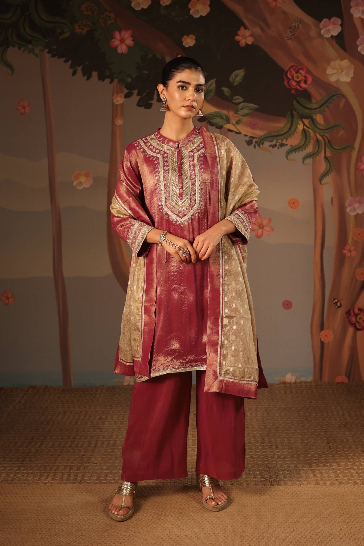 Purple Tissue Zari Applique Kurta Set with Dupatta