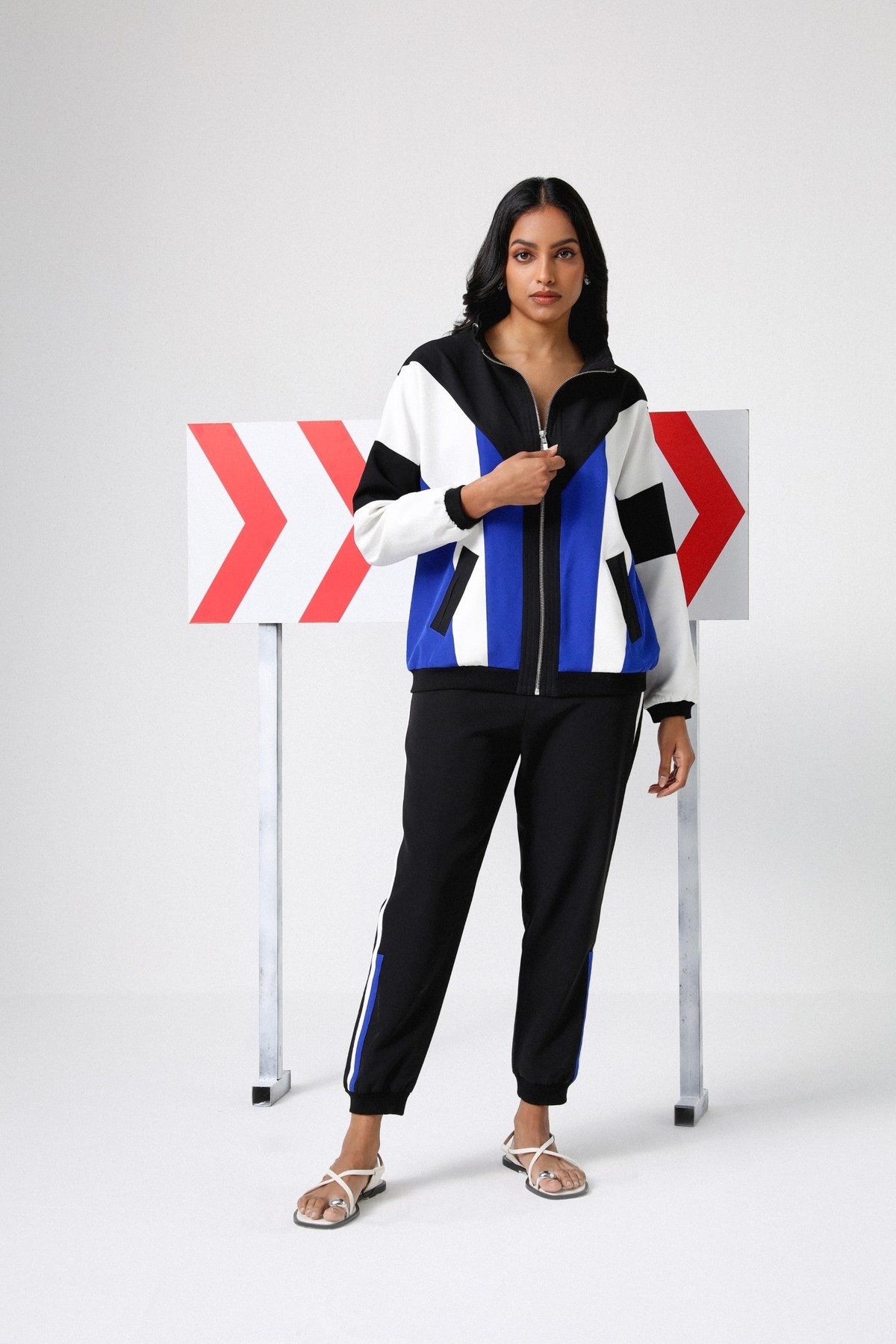 Black White Blue Colorblocked Zip-Up Track Co-ord Set