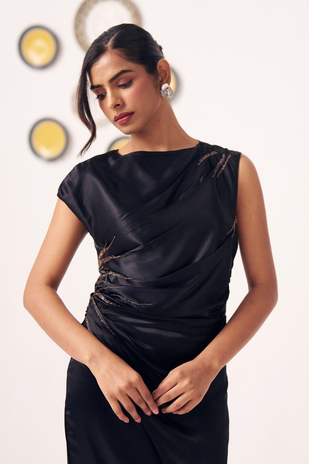 Black Satin Draped Maxi Dress with Side Slit