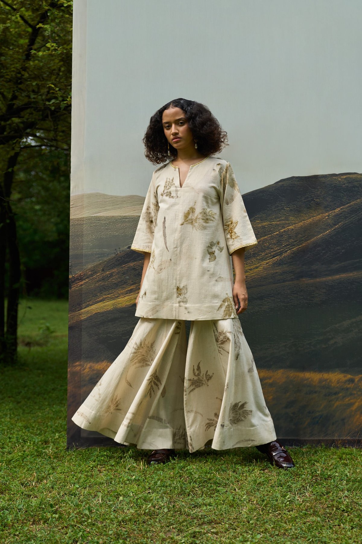 Beige Khadi Cotton Leaf Print Kurta Sharara Set
