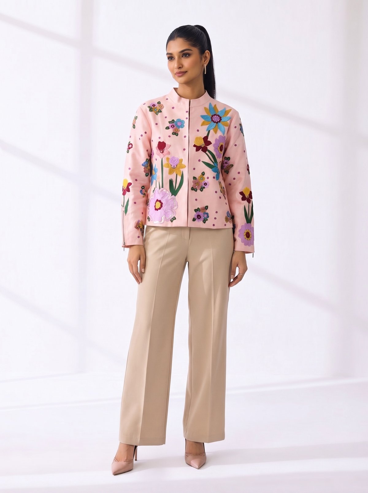 Powder Pink Cropped Embroidered Zip-Front Jacket