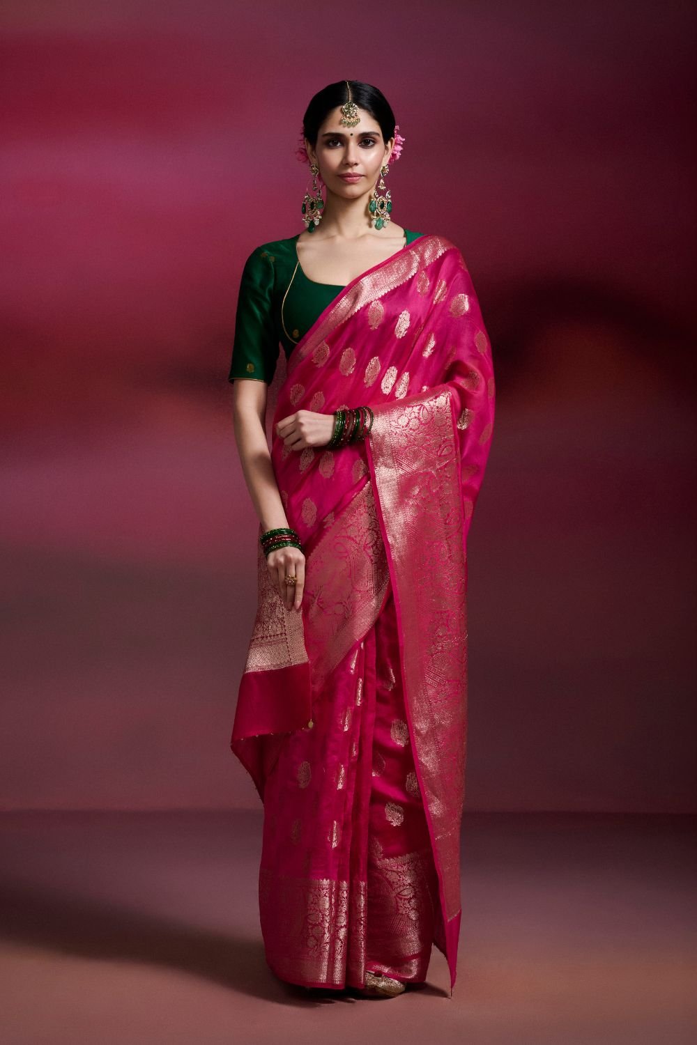 Rani Pink Banarasi Brocade Saree with Gold Zari Buttas