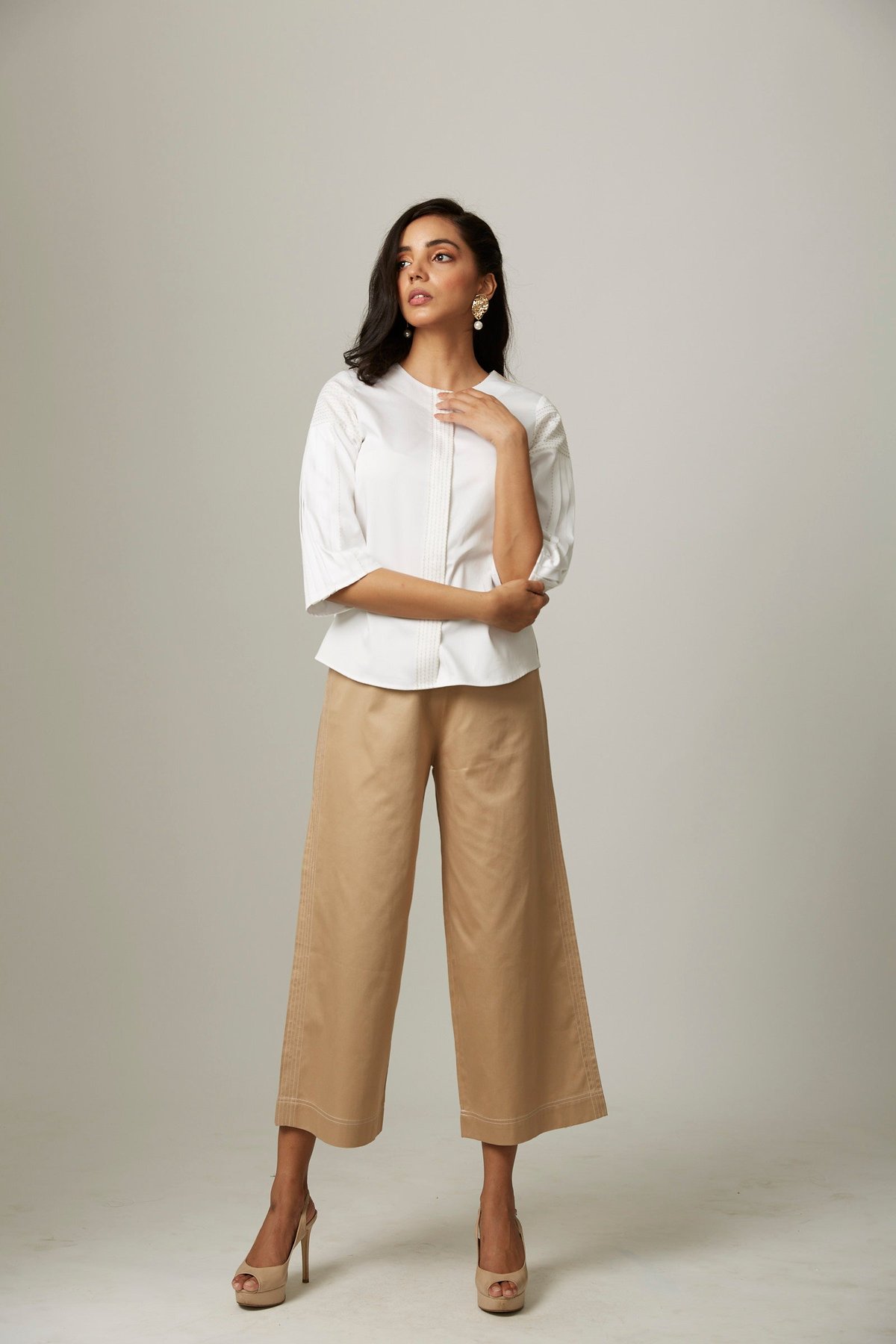 White and Beige Cotton Satin Co-ord Set