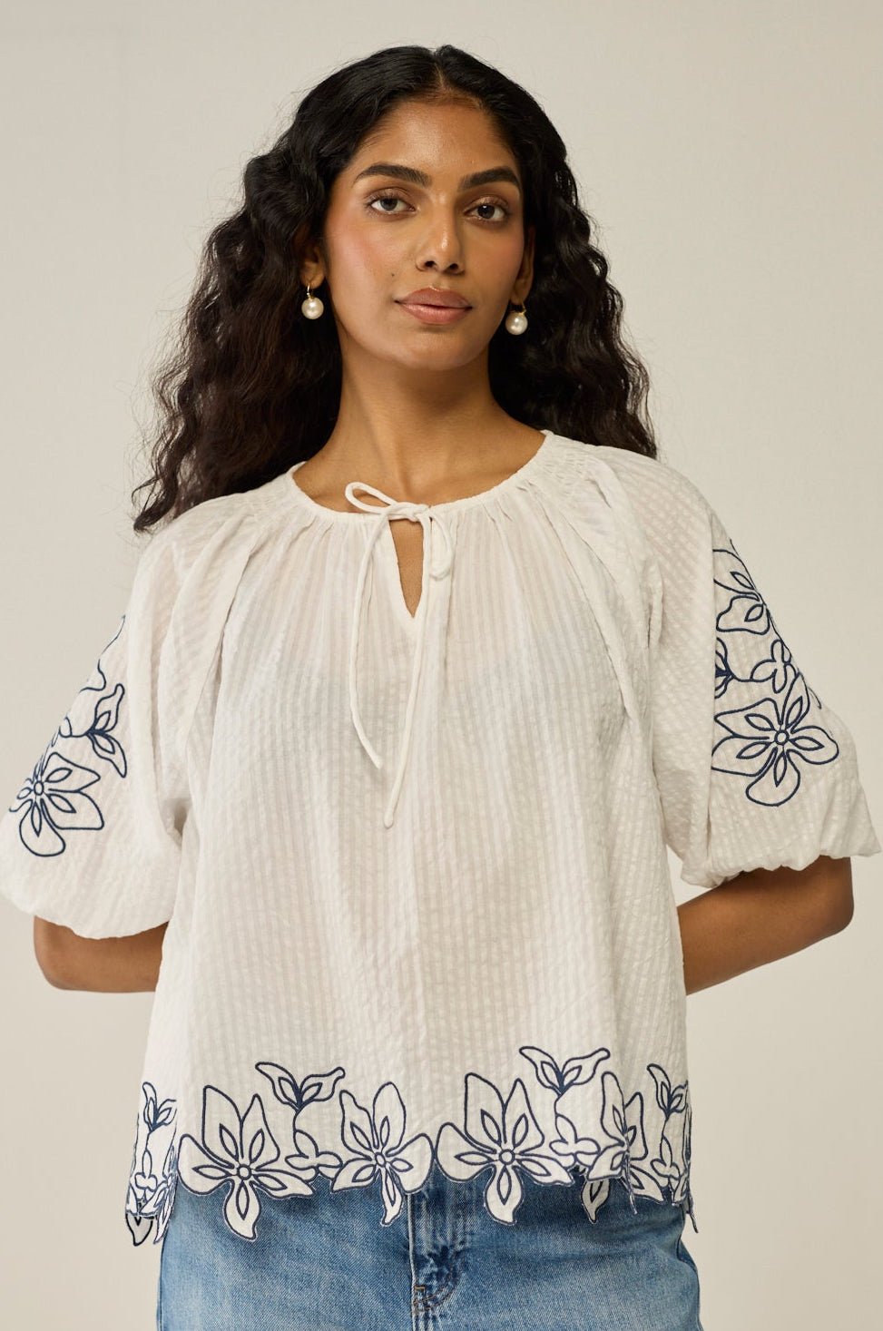 White Top With Contrast Embroidery