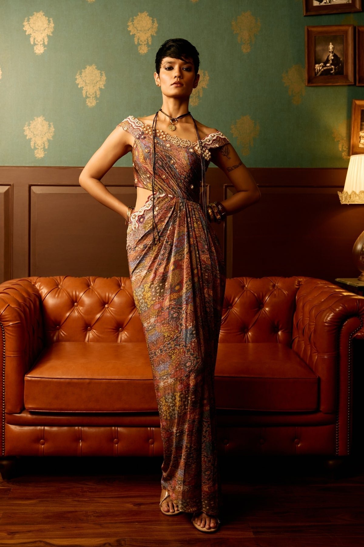 Multicolor Off-Shoulder Printed Drape Maxi Gown