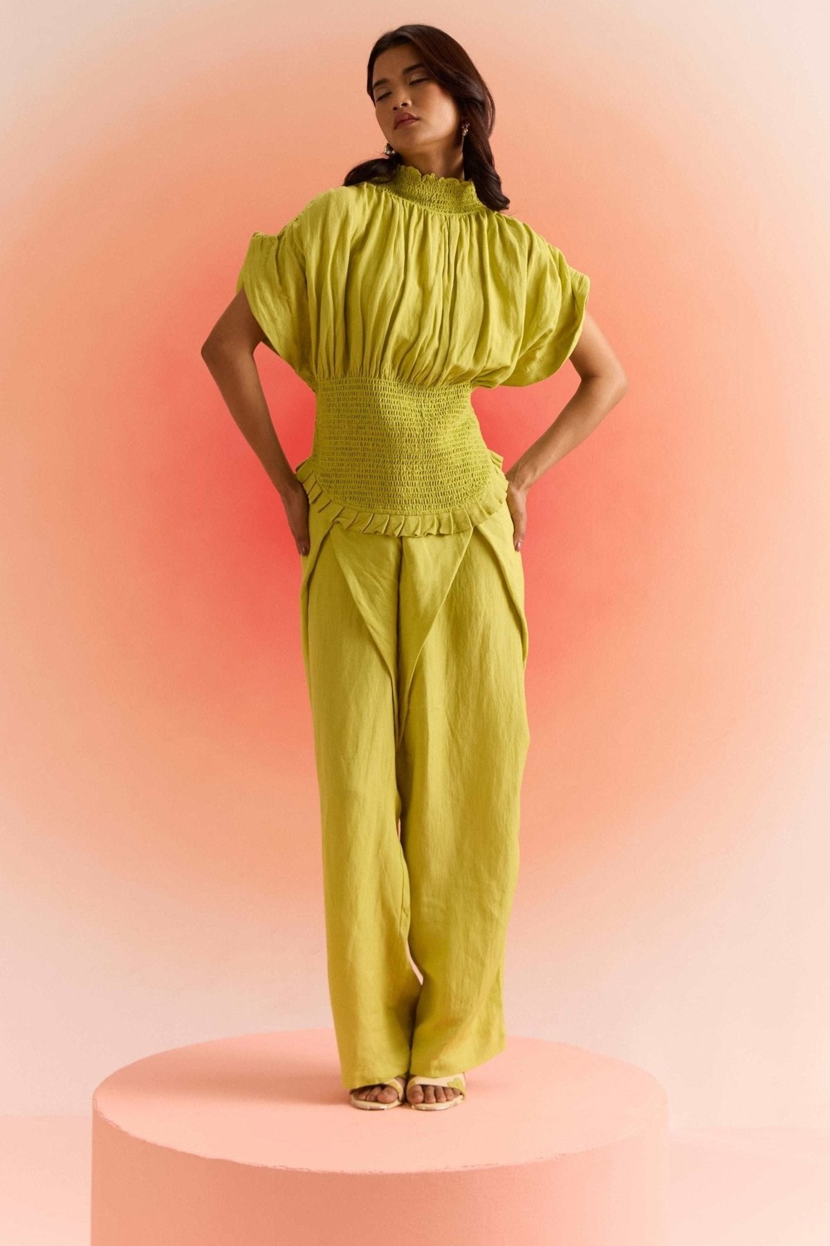 Lime Green Wrap-Front Wide-Leg Trousers