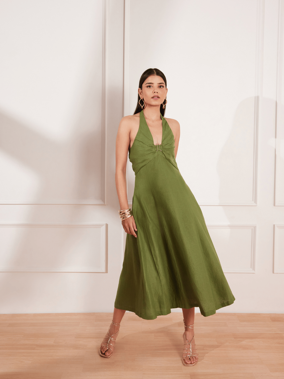 Moss Green Hemp Halter Neck Fit and Flare Midi Dress