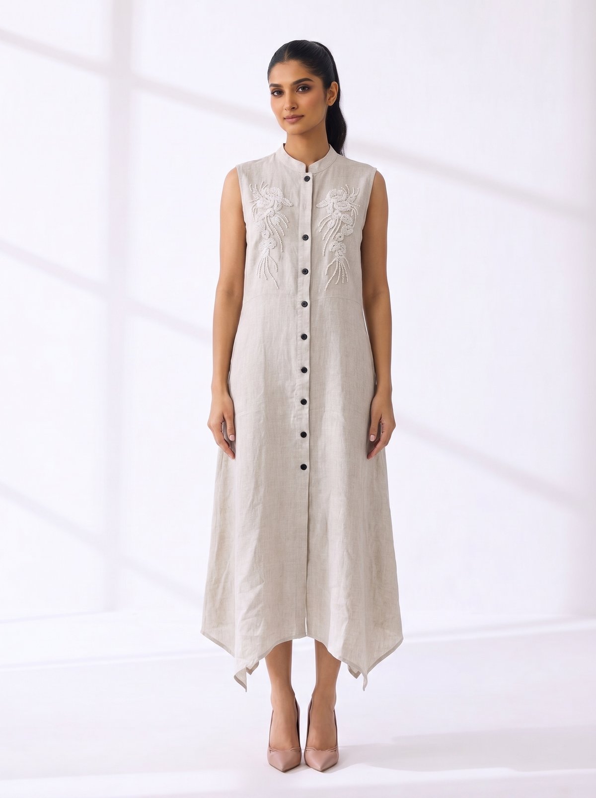 Beige Linen Sleeveless Button-Through Maxi Dress