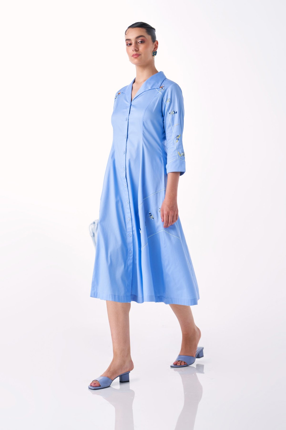 Blueberry Cotton Twill Embroidered A-Line Midi Shirt Dress