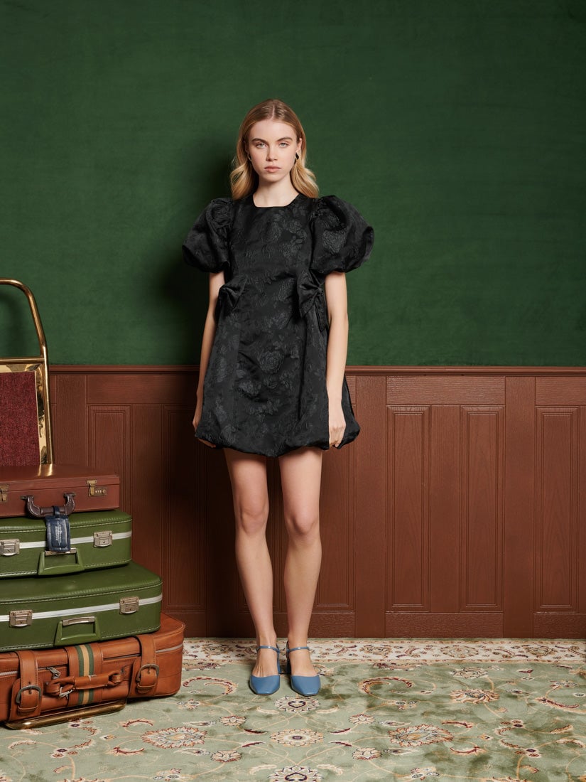 Coal Black Jacquard Bubble Hem Mini Dress with Bows