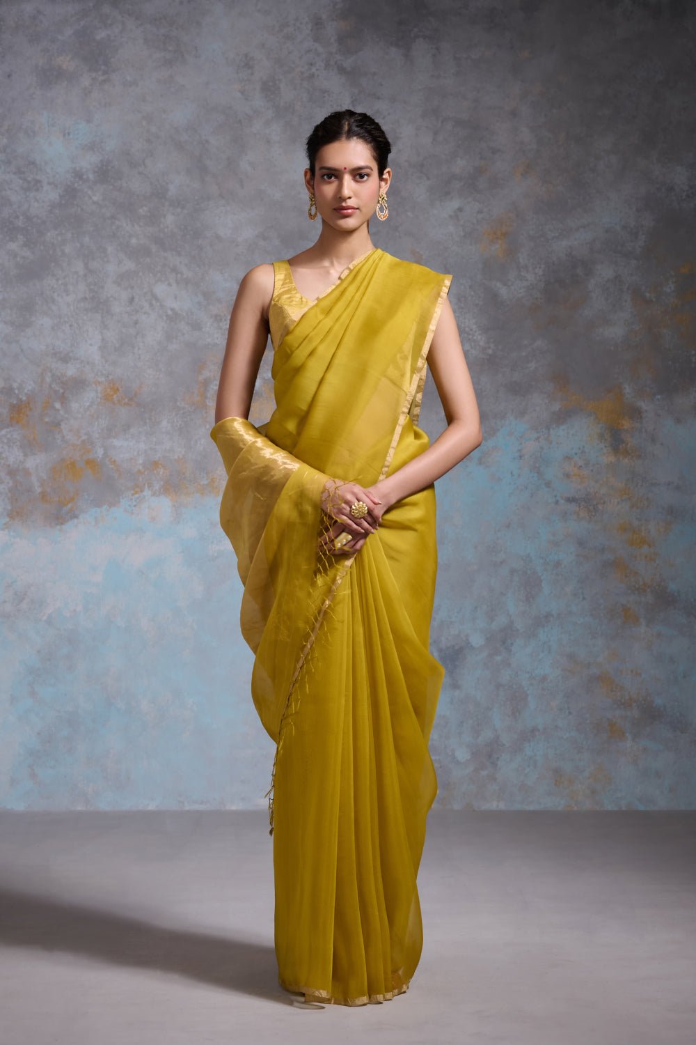 Lime Yellow Organza Saree with Gold Zari Border