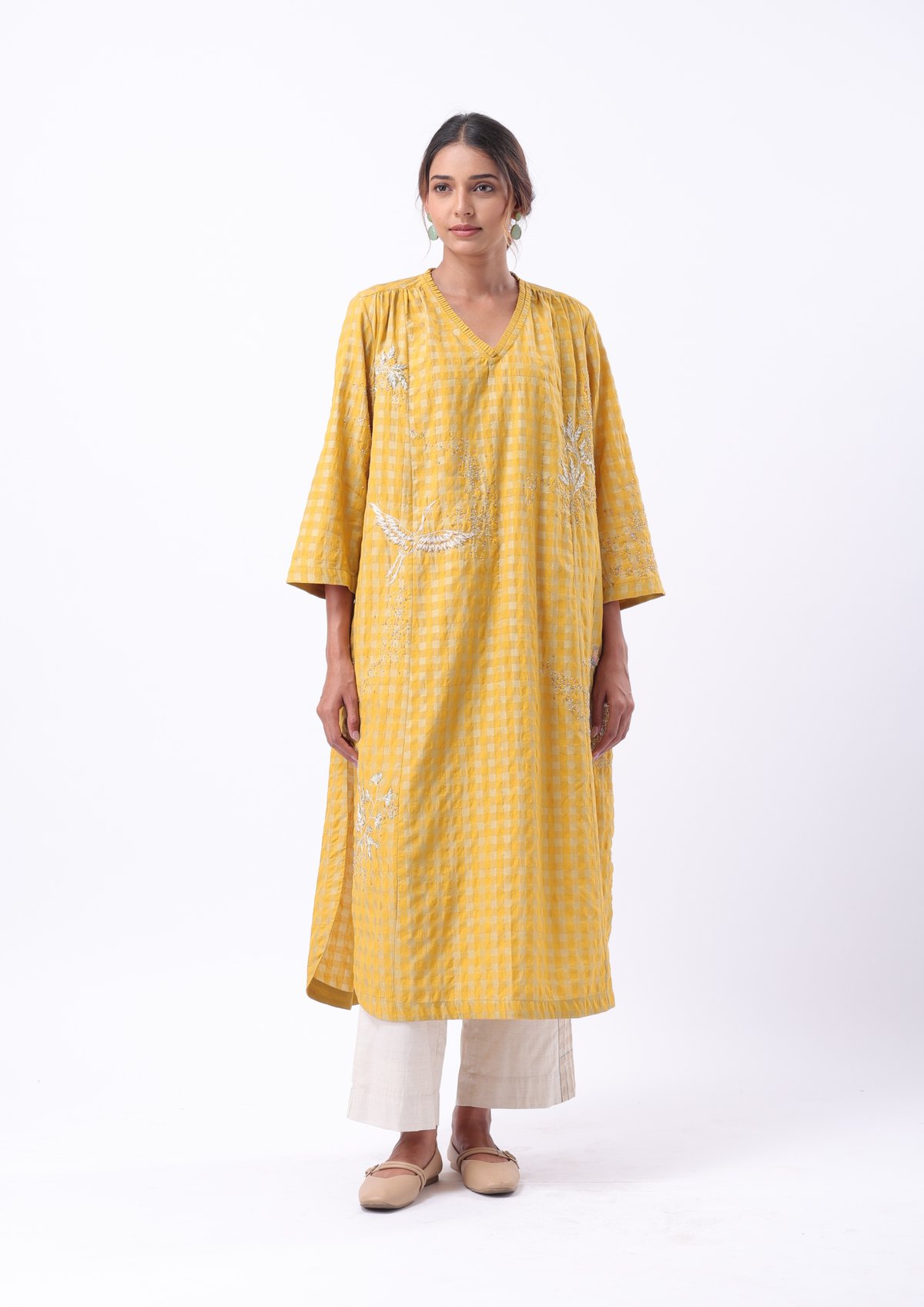Yellow Checked Embroidered V-Neck Long Tunic Top