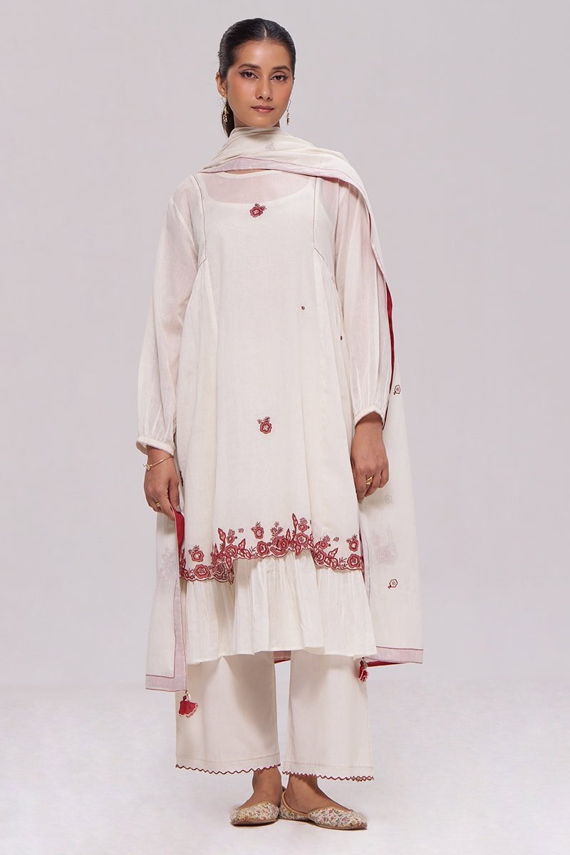Ivory and Maroon Embroidered Cotton Kurta Set
