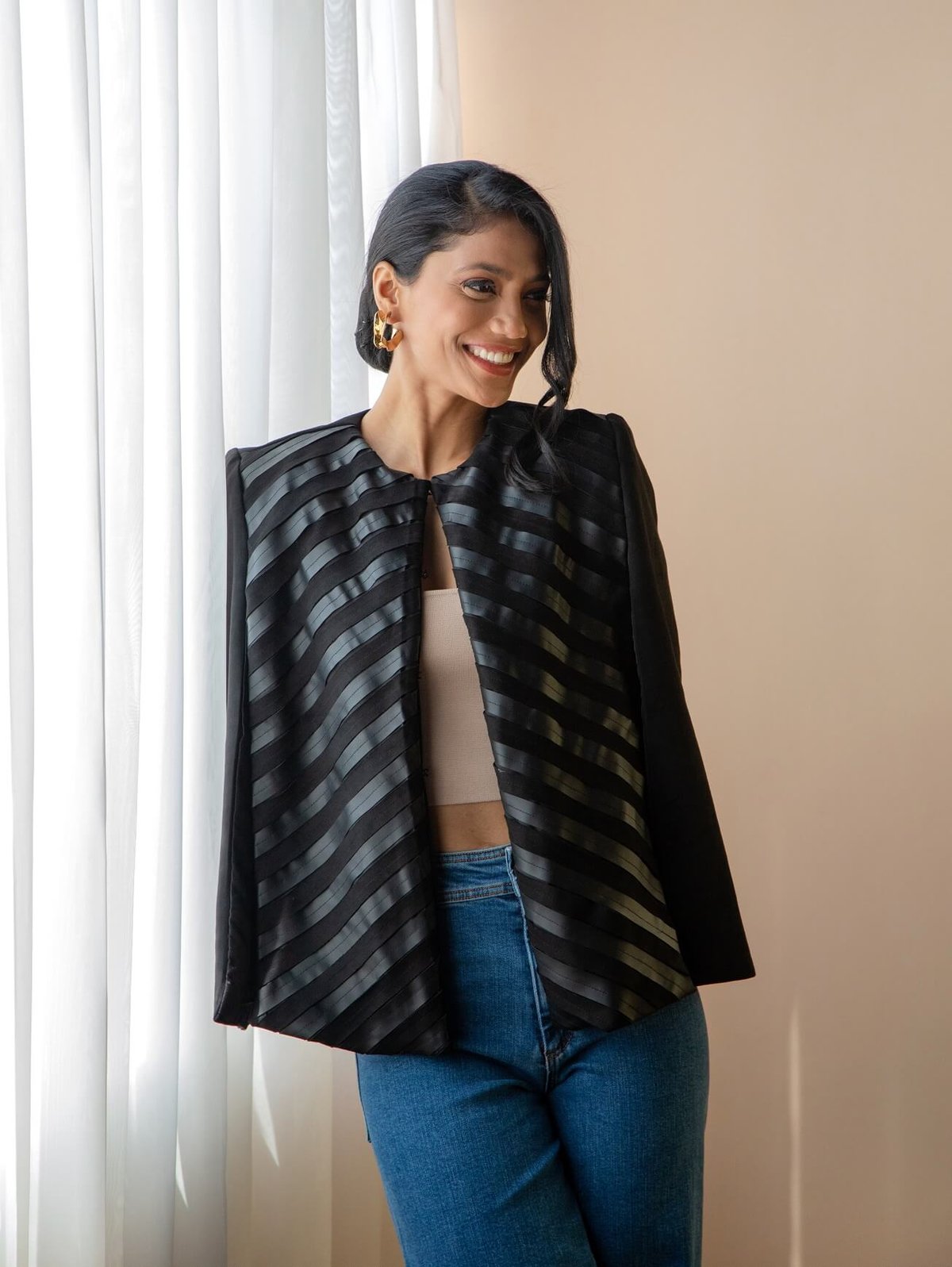 Black Chevron Cape with Tonal Stripe Detail
