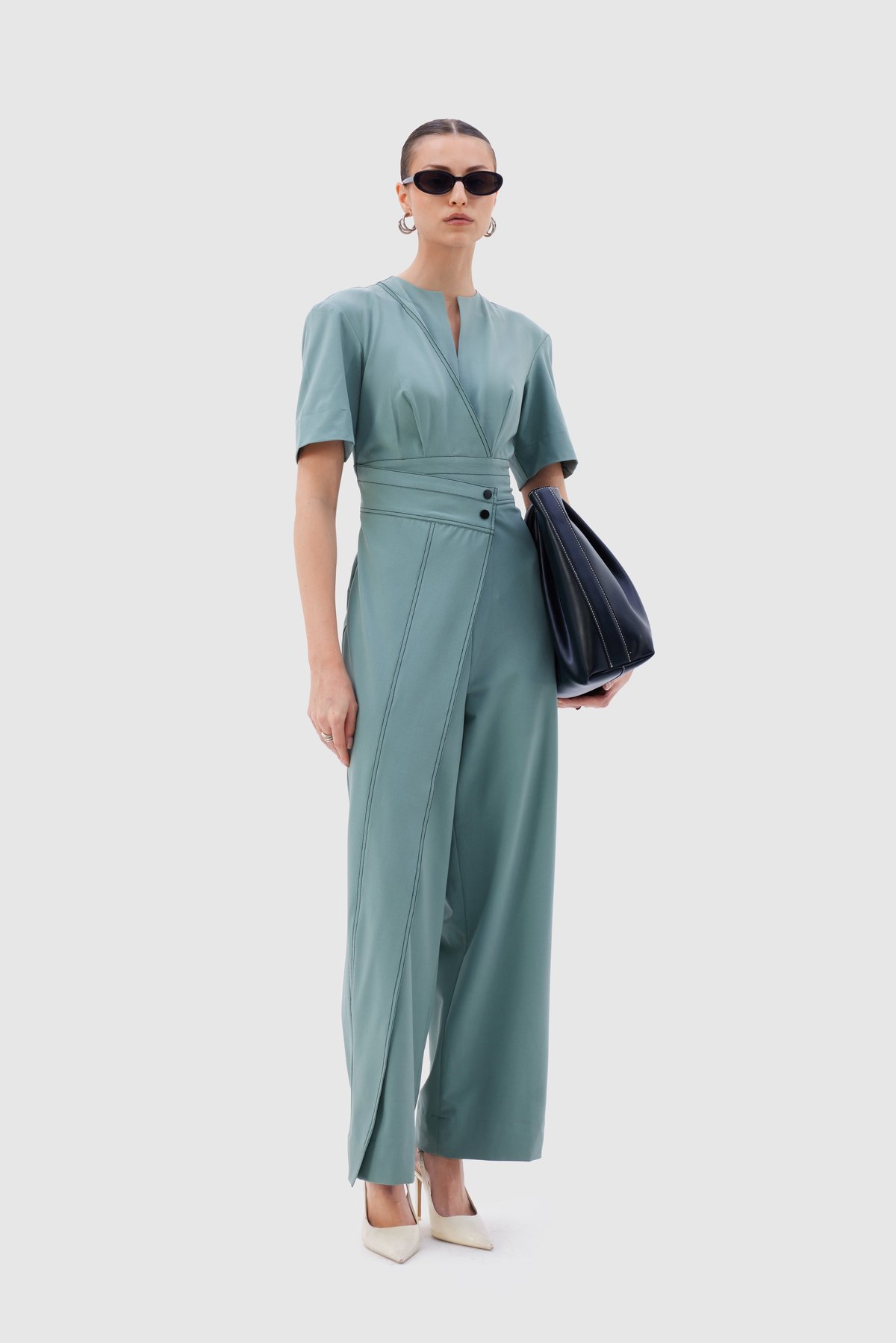 Tea Green Tailored Wide-Leg Jumpsuit
