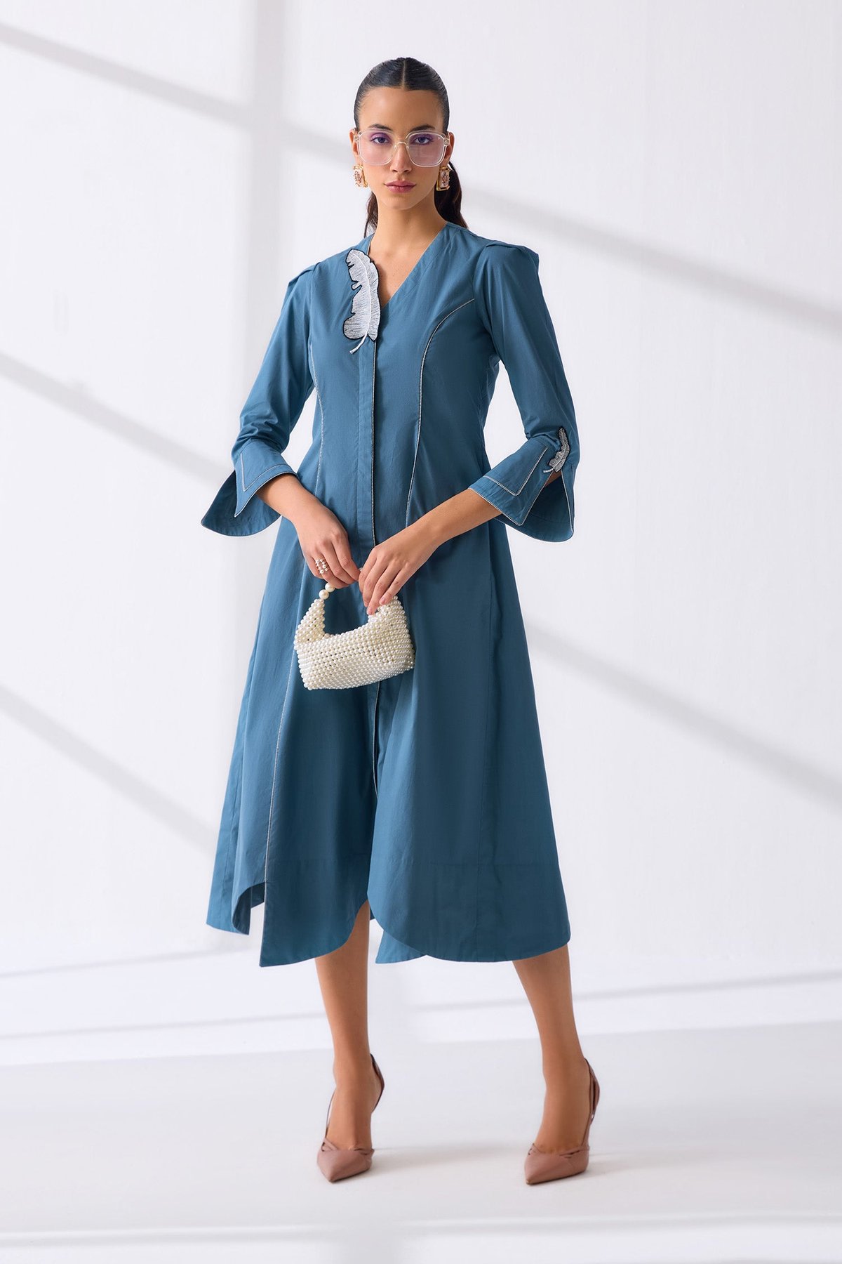 Petrol Cotton Poplin Fit and Flare Midi Dress