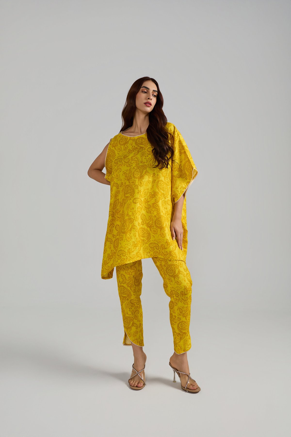 Yellow Linen Paisley Kaftan Co-ord Set with Tulip Pants