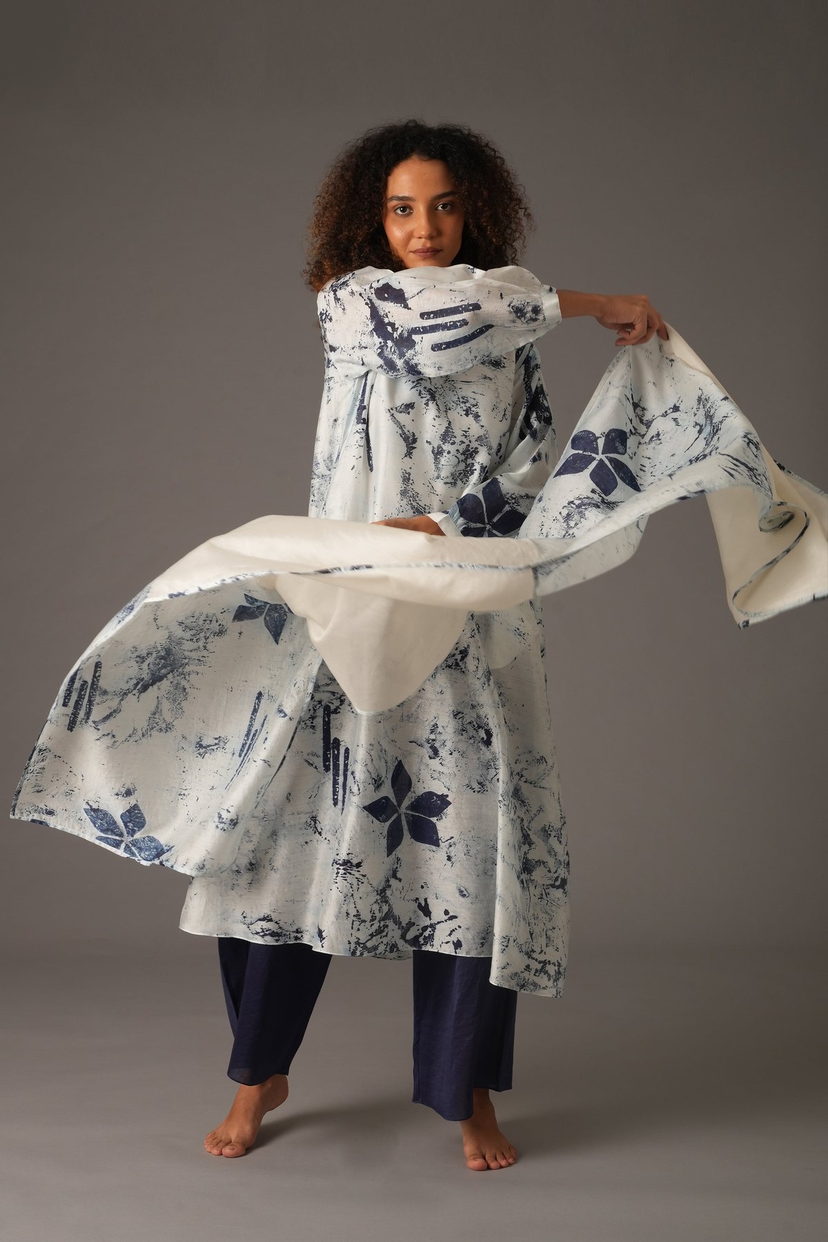 Navy Blue Printed Chanderi Silk Co-ord Set with Scarf