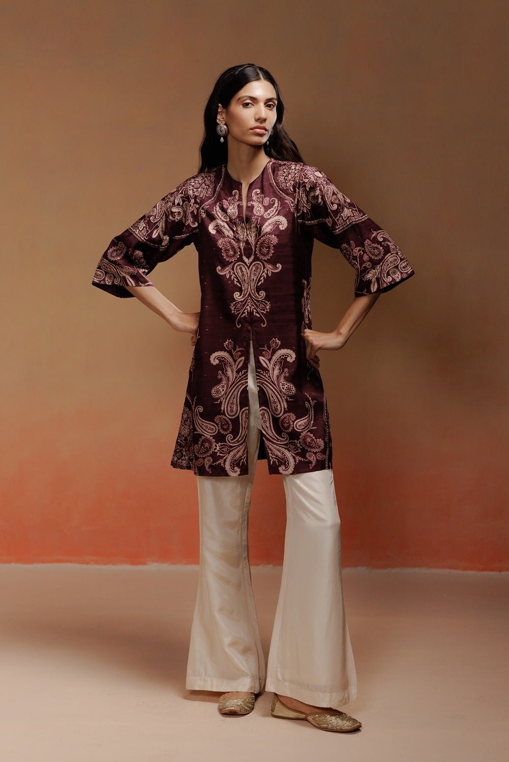 Deep Wine Paisley Jacquard Kurta Set with Ivory Pants