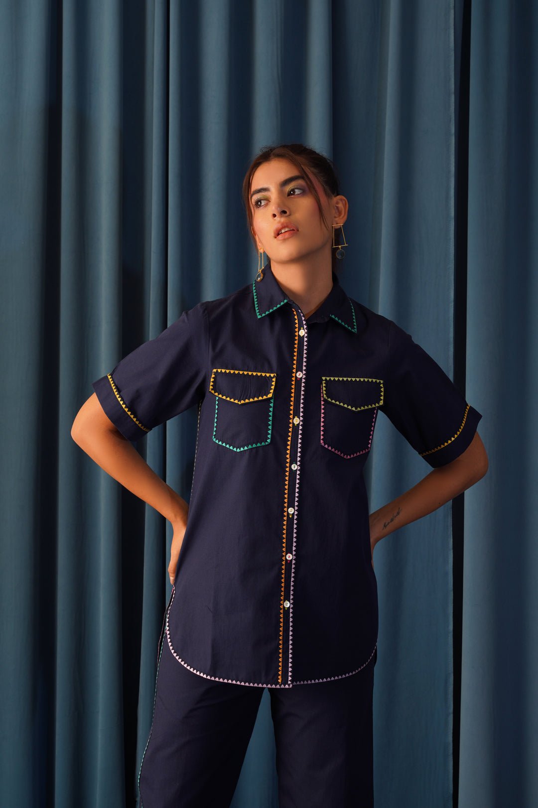 Navy Cotton Embroidered Trim Shirt with Pockets
