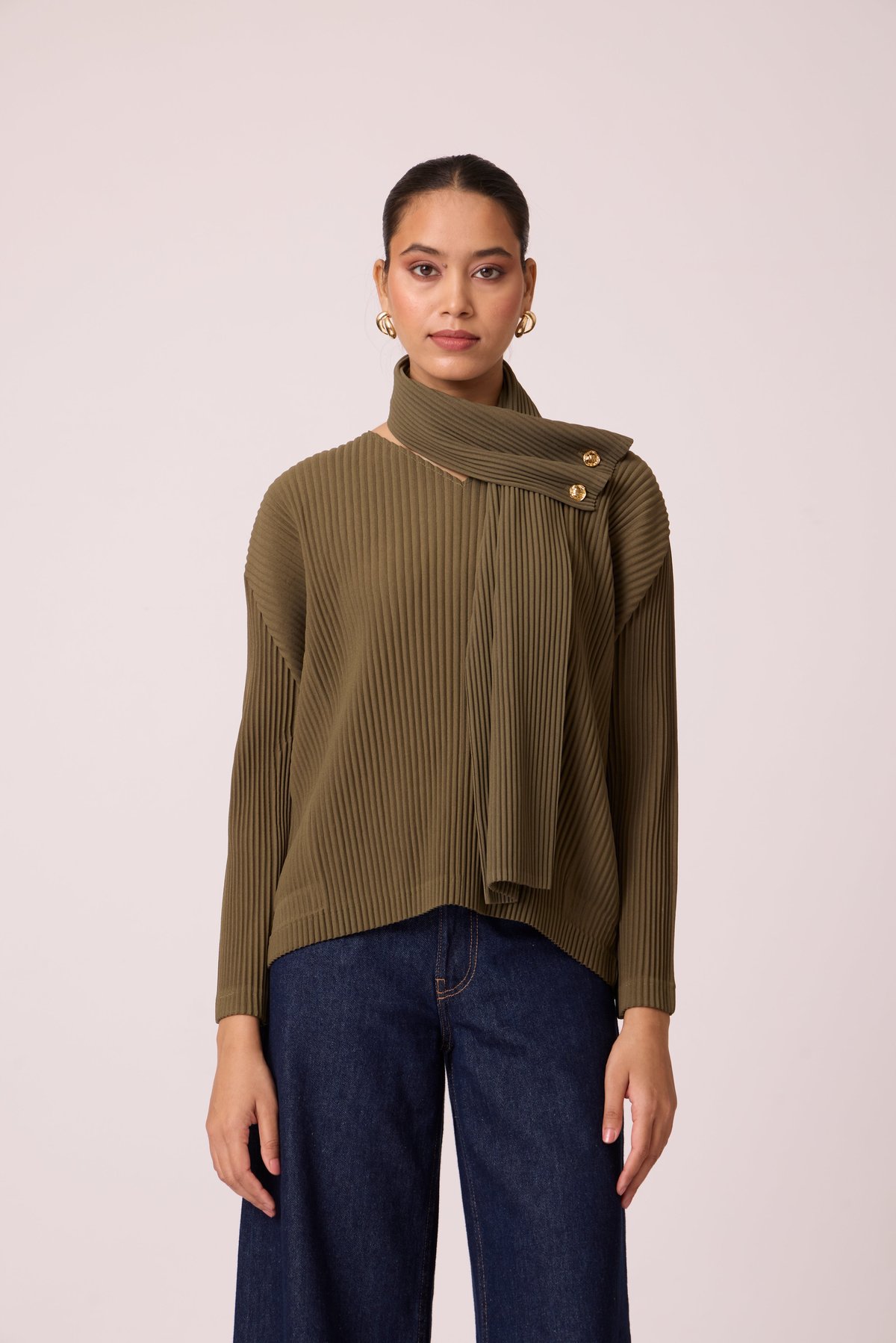 Olive Pleated V-Neck Top with Built-In Scarf Detail