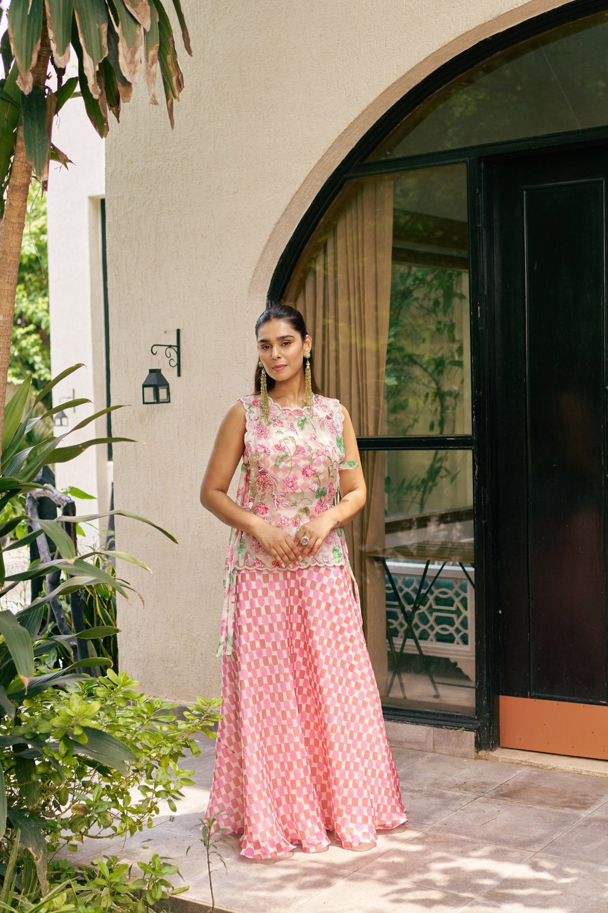 Ivory and Pink Printed Bib Top and Maxi Skirt Co-ord Set