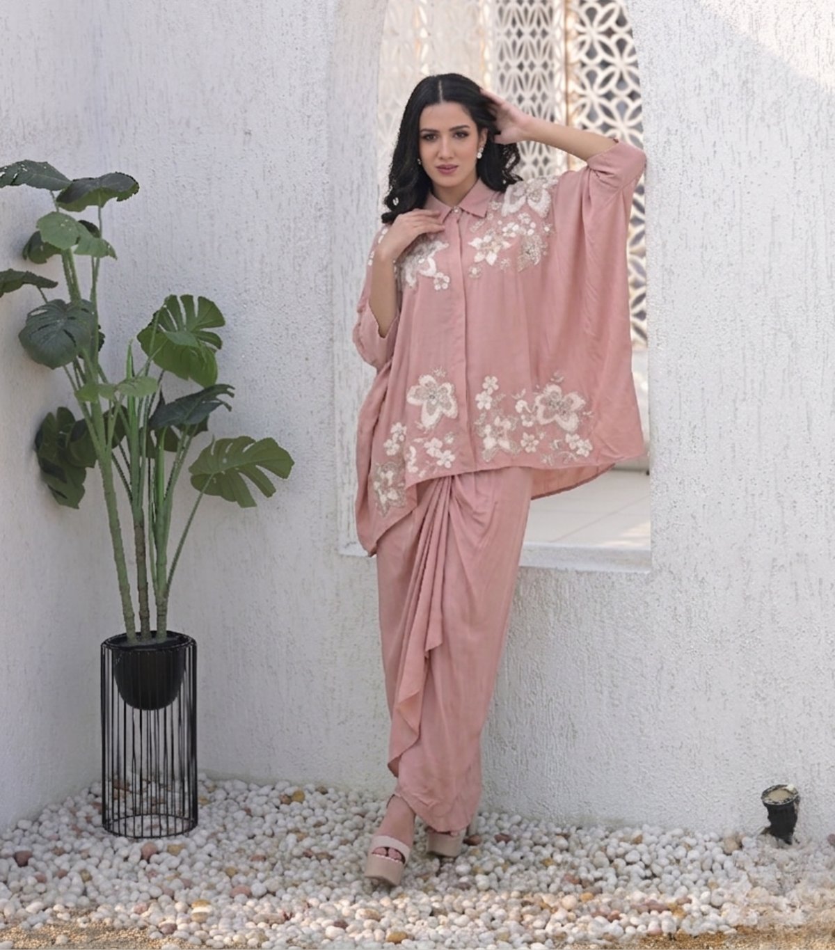 Layered Flower Bunch Kaftan & Knot Skirt Set