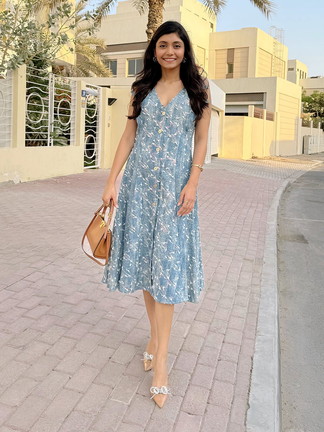 Indigo Denim Printed Fit and Flare Midi Shirt Dress