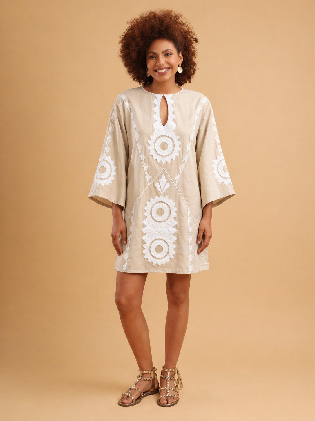 Beige Cotton Linen Kaftan Mini Dress with White Applique