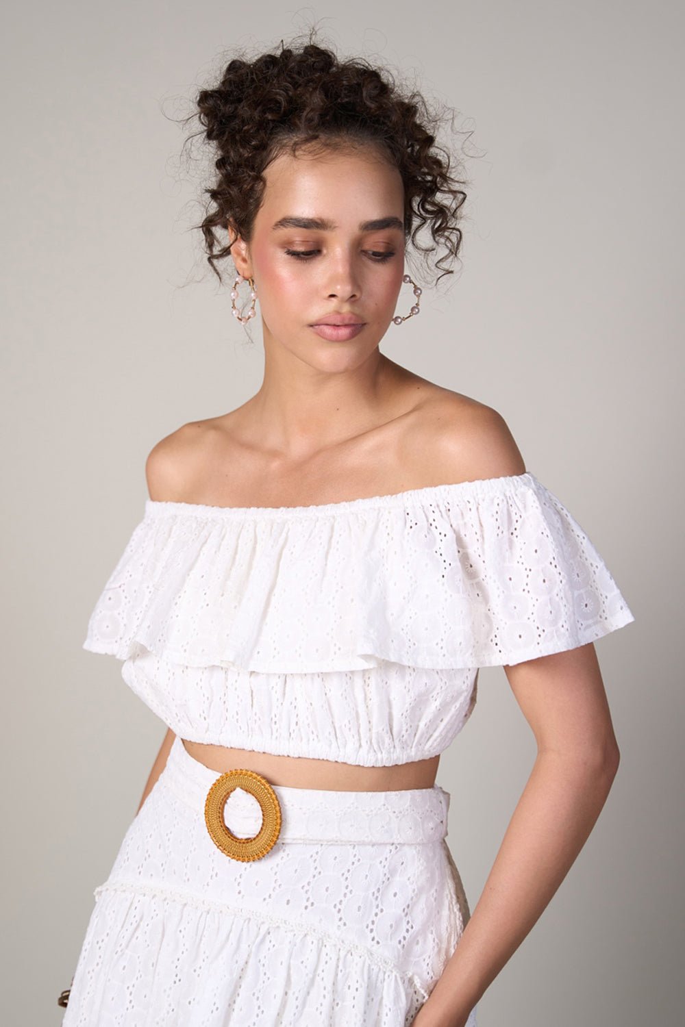 White Off-Shoulder Schiffli Ruffle Crop Top