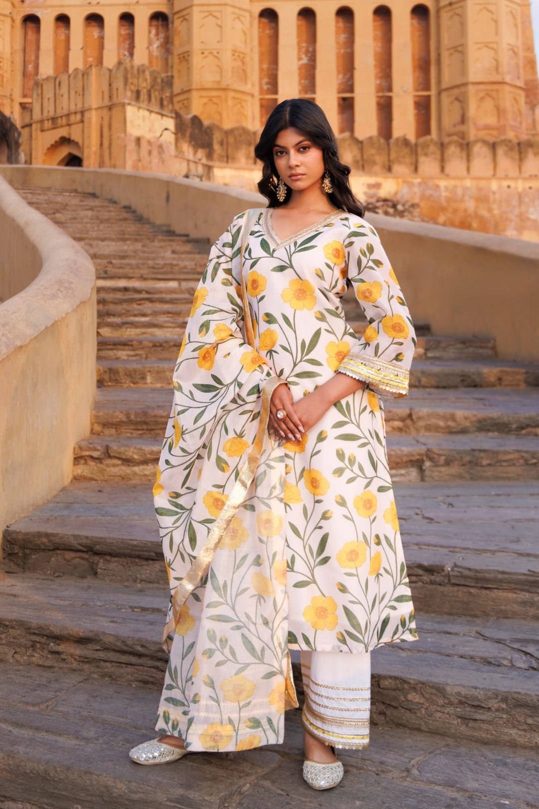 Off-White & Yellow Floral Chanderi Kurta Set