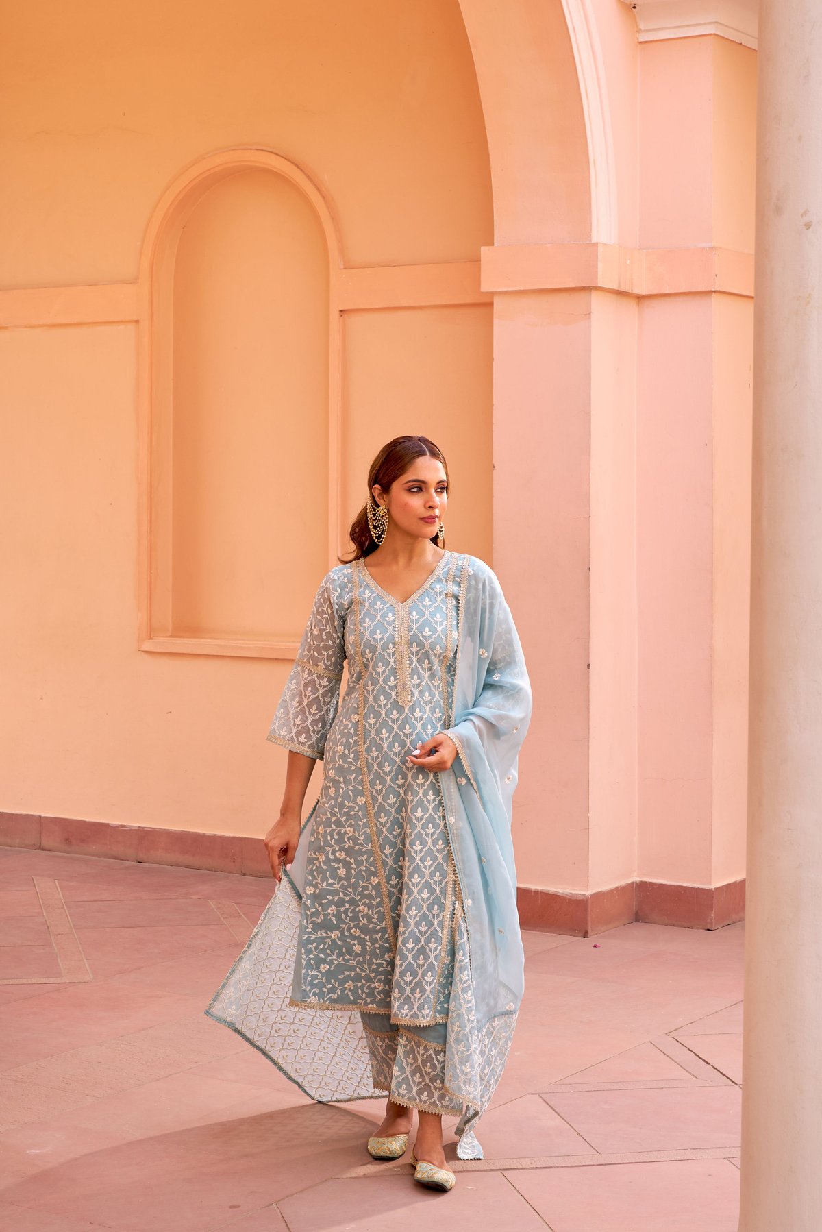 Blue Organza A-Line Embroidered Kurta Set with Dupatta