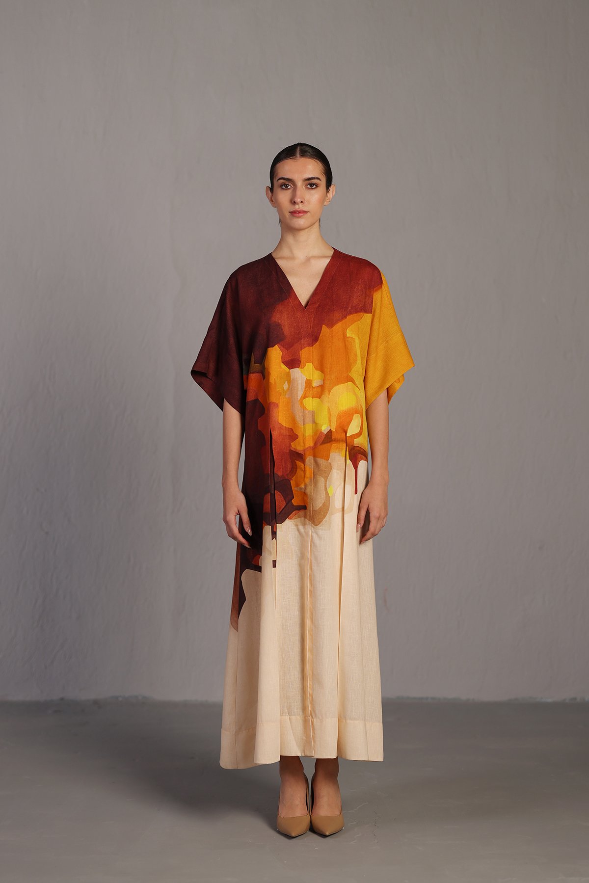 Ochre Abstract Printed Linen Maxi Dress