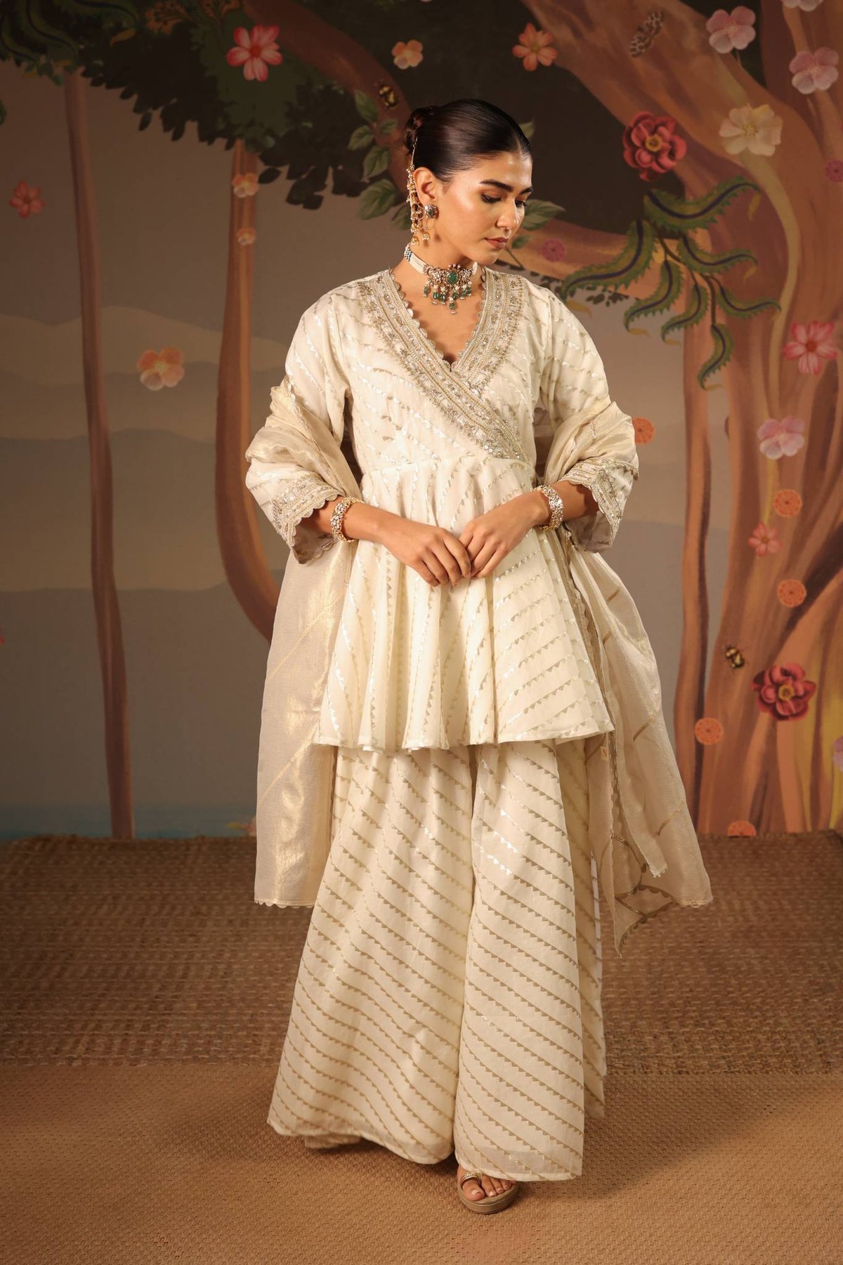 Ivory Gold Angrakha Kurta Sharara Set with Dupatta