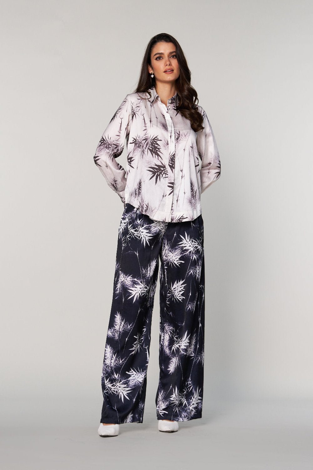 Black Satin Wide-Leg Pants with White Bamboo Print