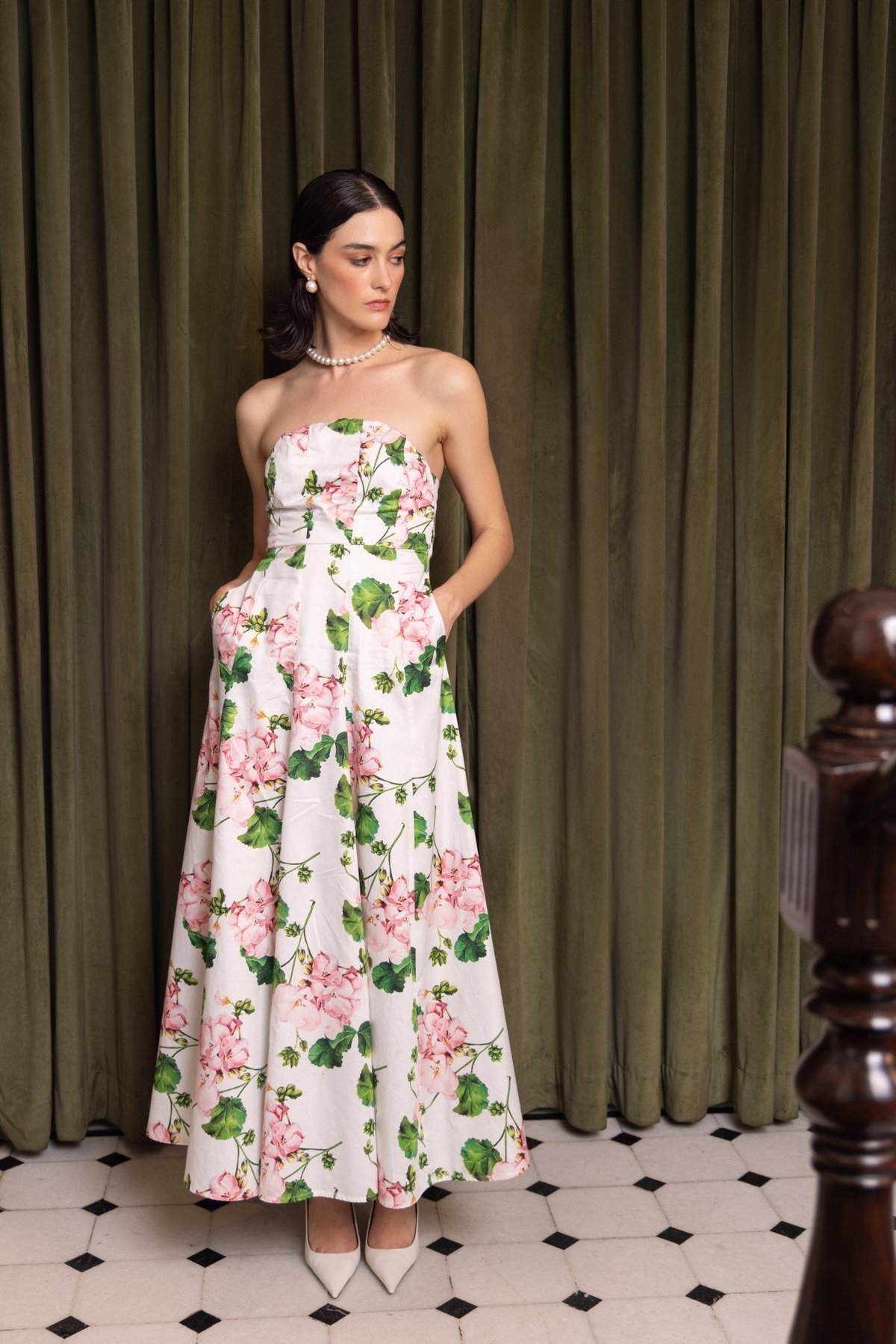 White/Pink Floral Strapless Maxi Dress with Lace-Up Back