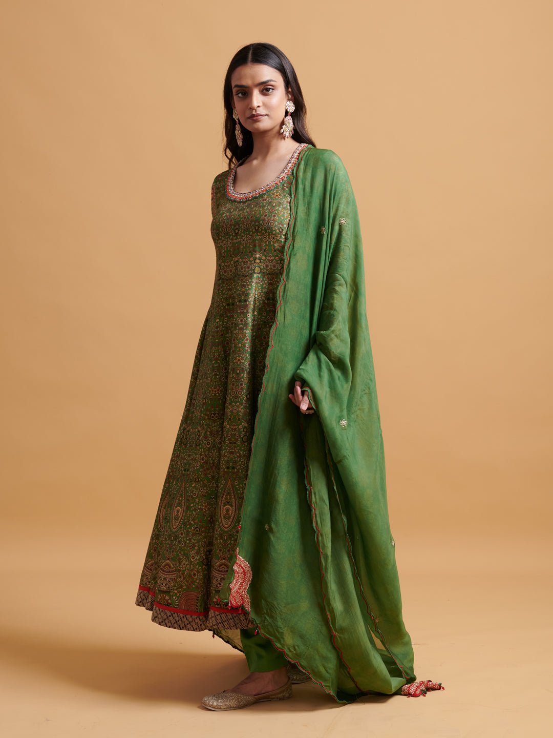 Green Printed Anarkali Kurta Set with Dupatta