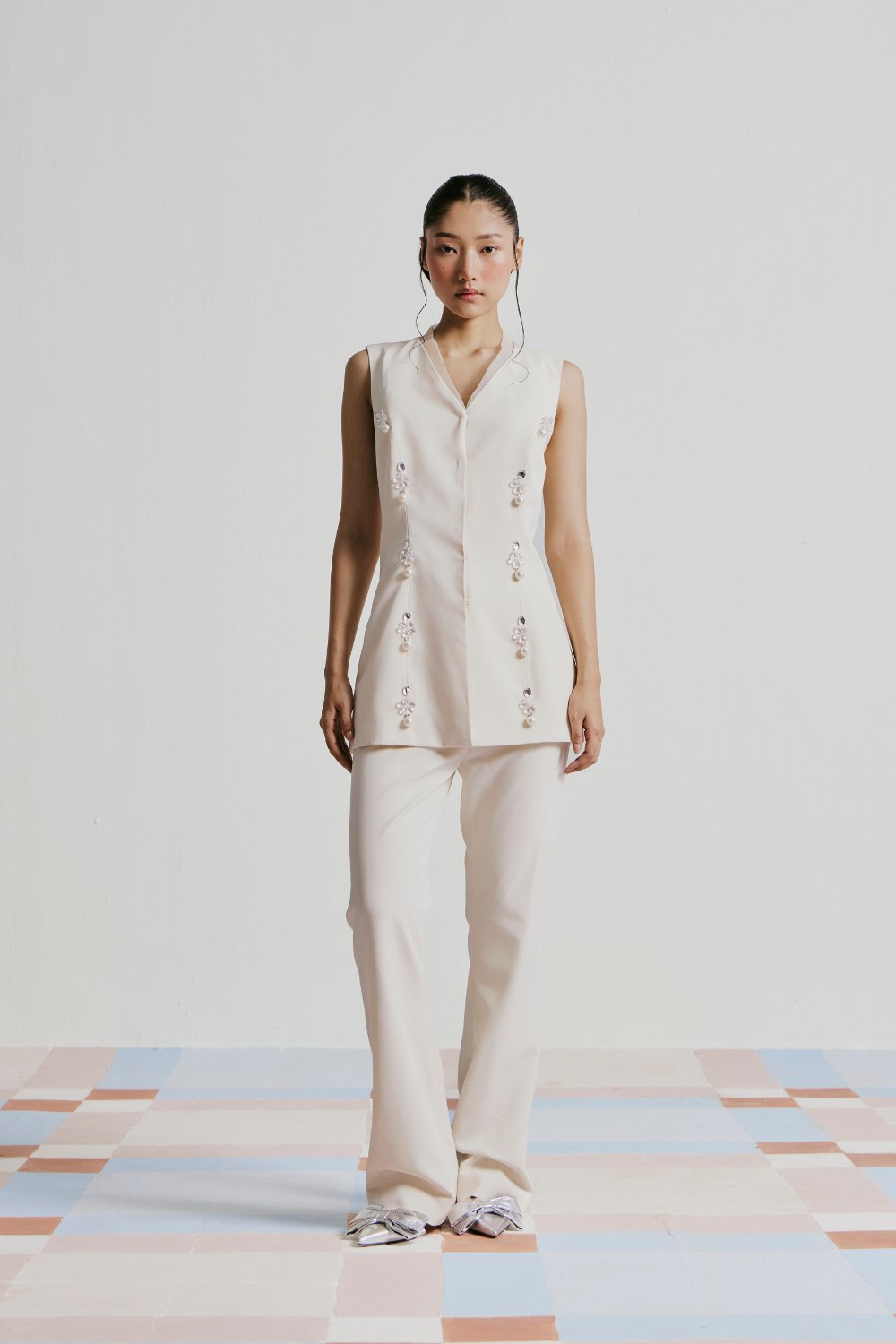 Off-White Embellished Longline Top and Pant Co-ord Set