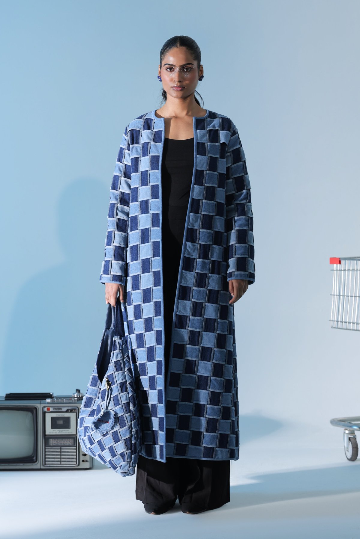 Blue Longline Denim Lattice Coat