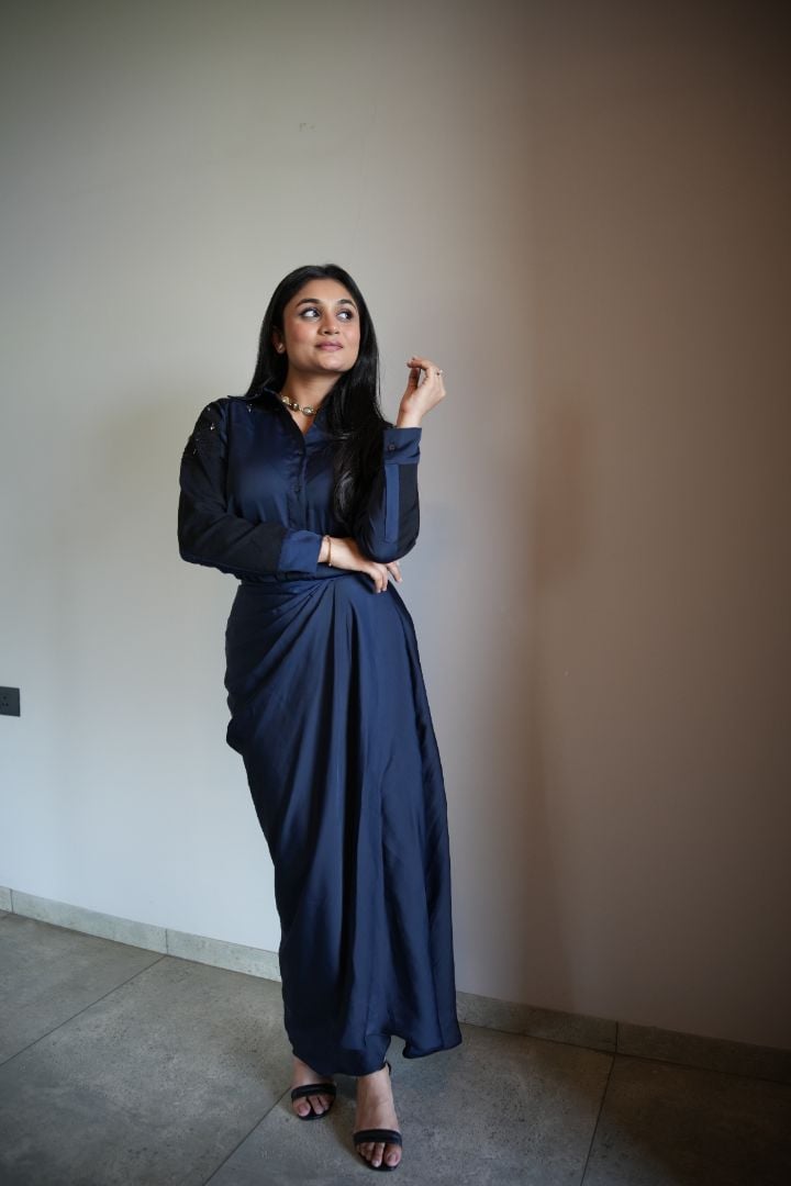 Midnight Blue Satin Shirt and Draped Maxi Skirt Co-ord Set
