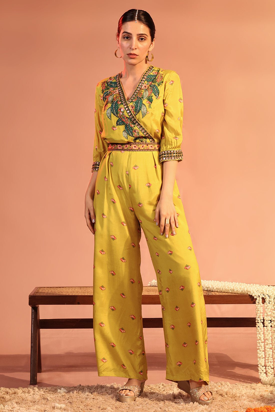 Yellow Embroidered Wrap-Front Jumpsuit with Waist Belt