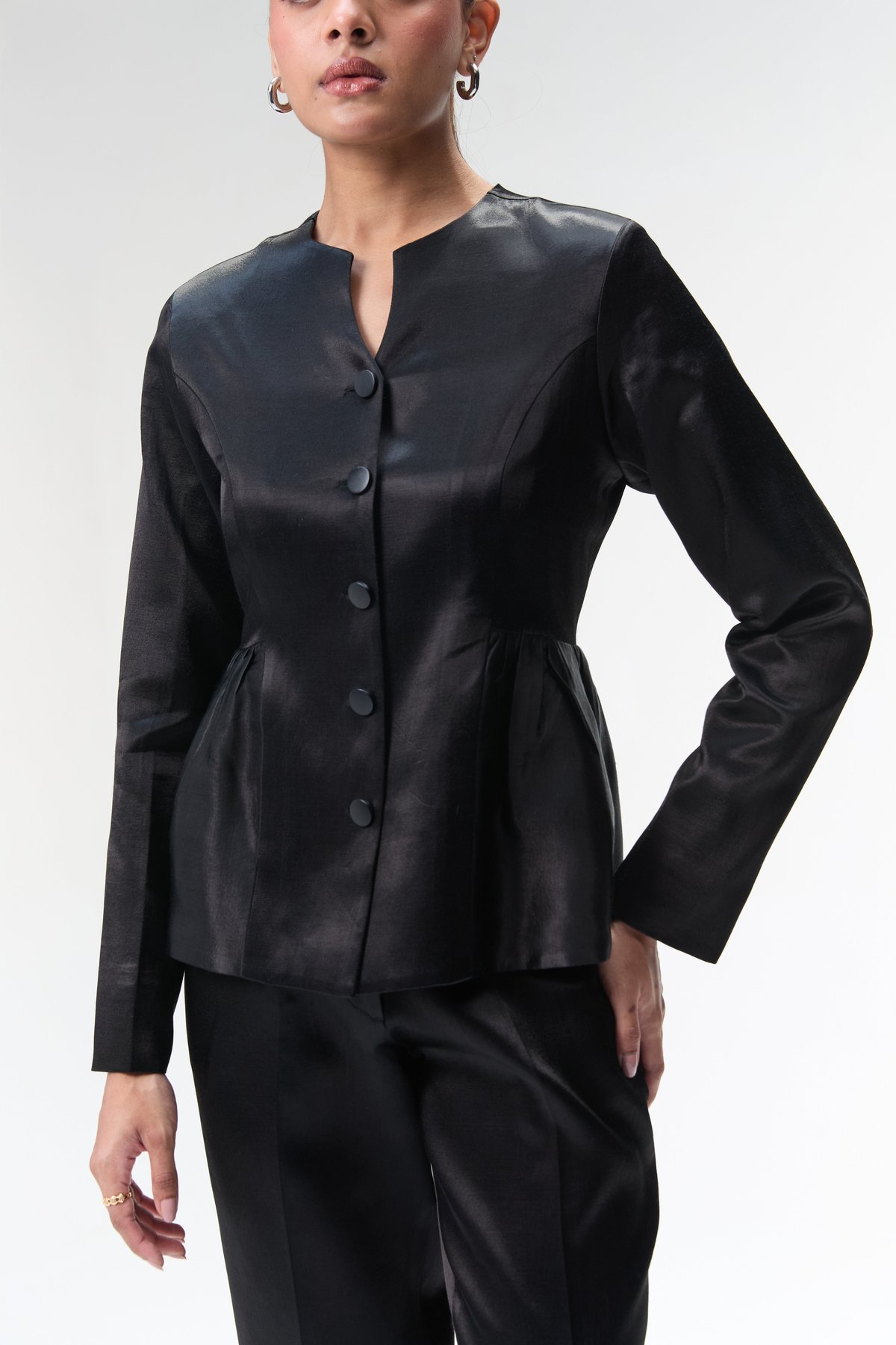 Black Peplum Jacket With Side Gathers