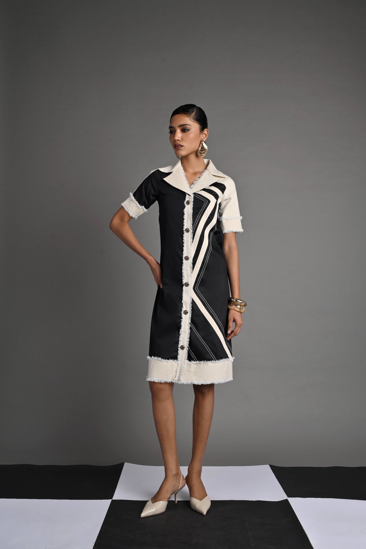 Black and Ivory Abstract Wave Shirt Dress