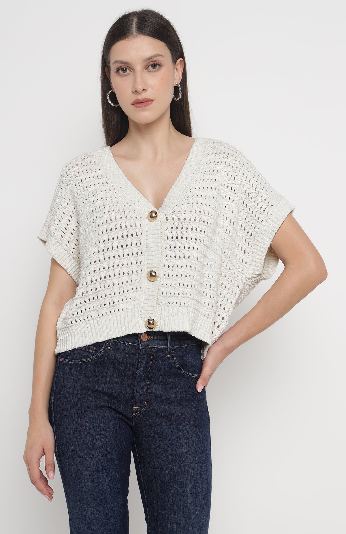 Off-White Openwork Knit Cropped Cardigan with Gold Buttons