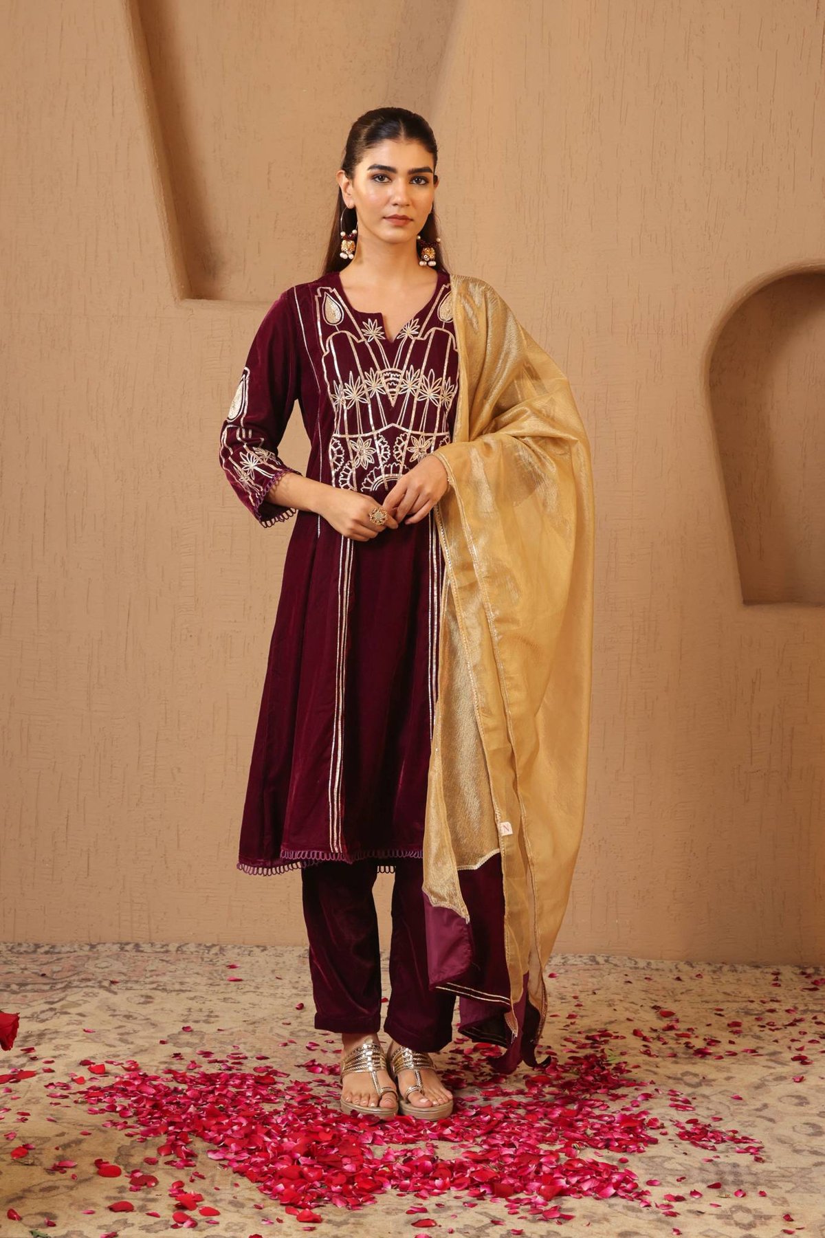 Wine Velvet Anarkali Kurta Set with Gota Work and Dupatta