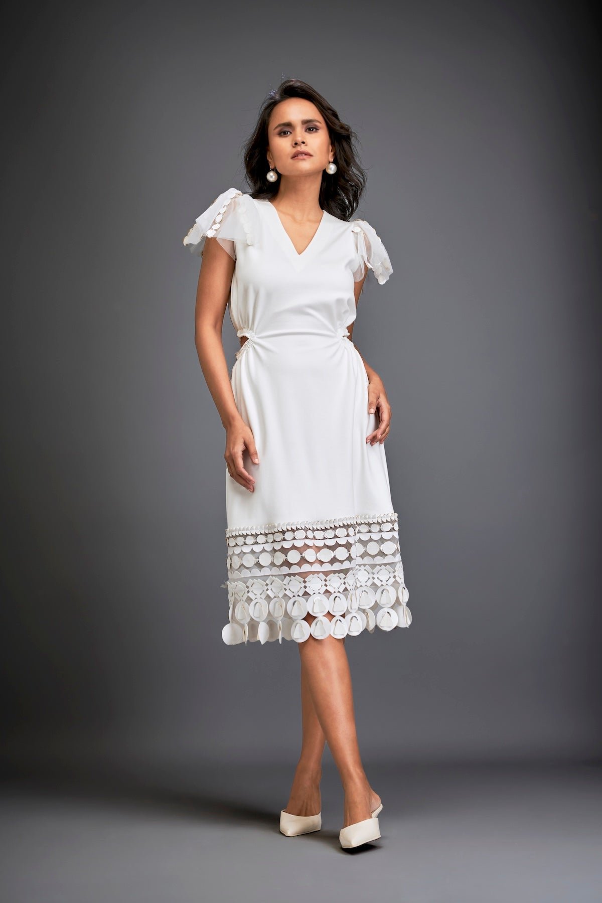 Silver & White V-Neck Midi Dress with Applique Hem