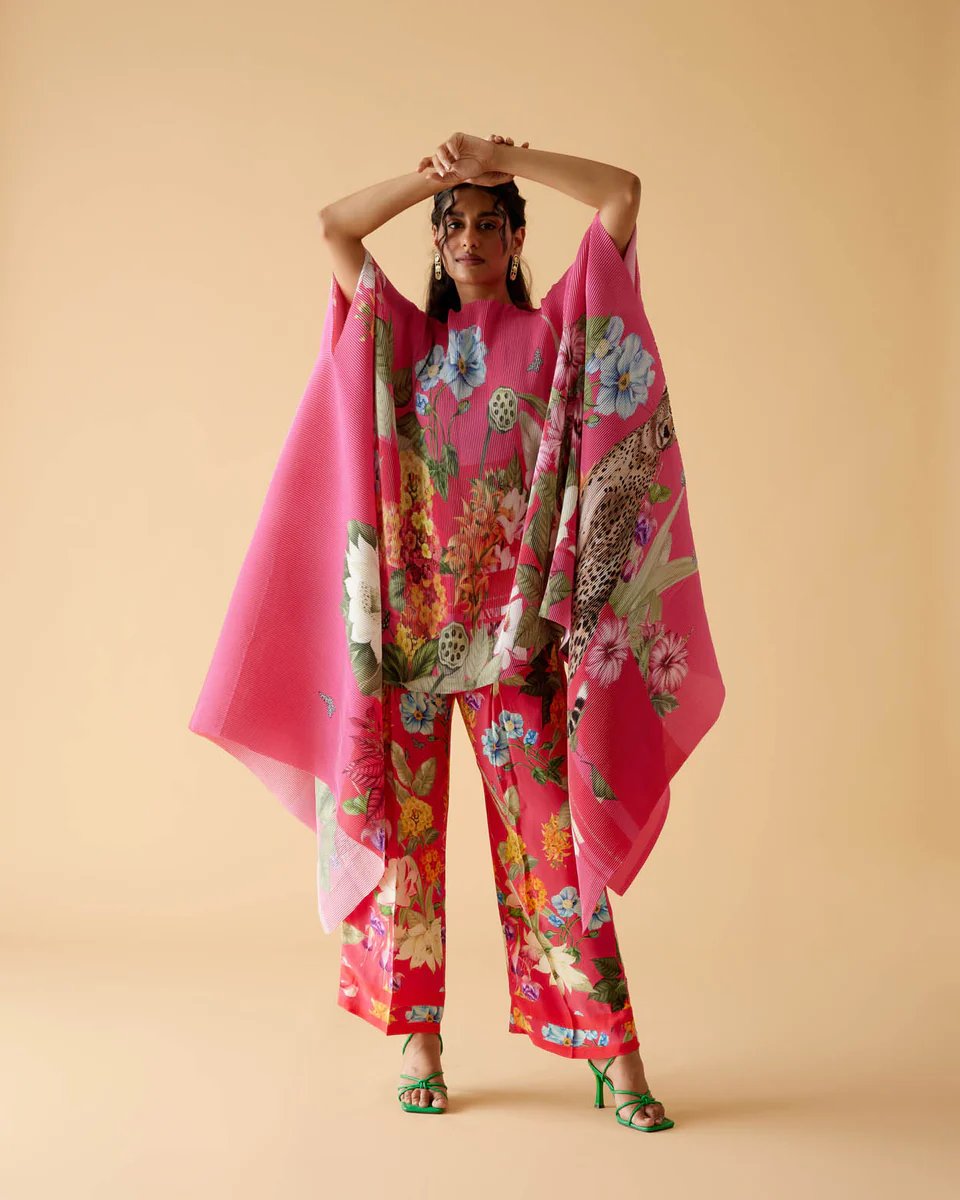 Fuschia/Magenta Floral Printed Straight-Leg Trousers