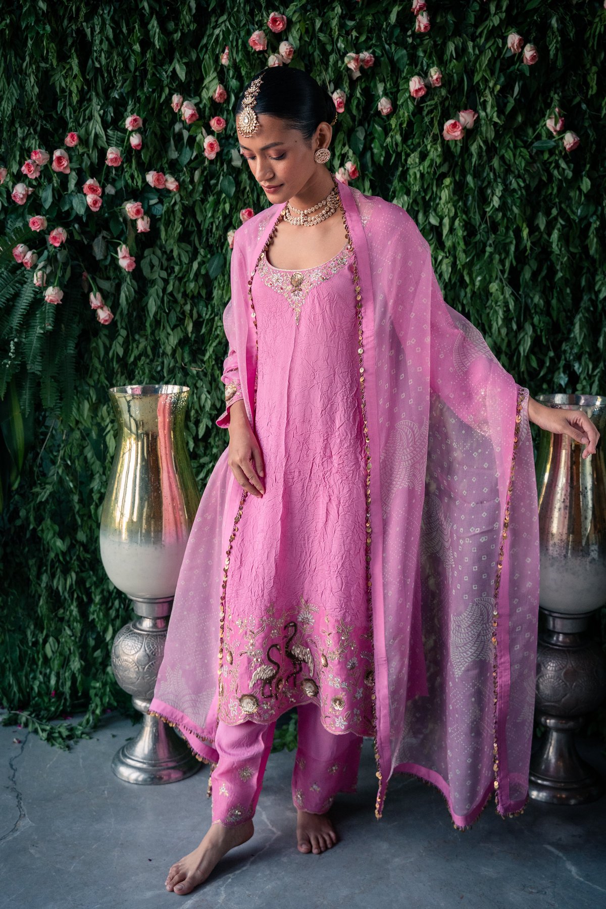 Pink Crushed Silk Embroidered Kurta Set with Dupatta