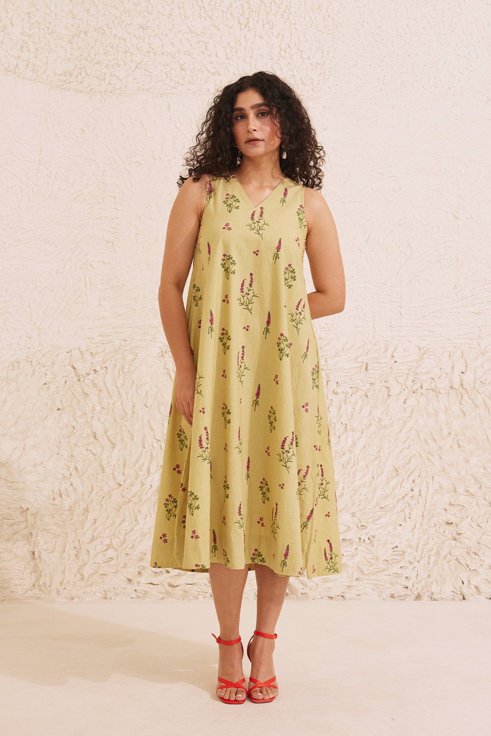 Sage Green Floral Block Print Cotton Midi Dress