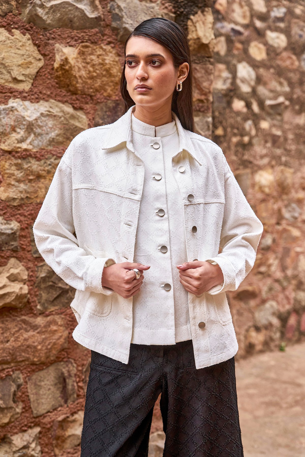 White Textured Cotton Denim Shacket